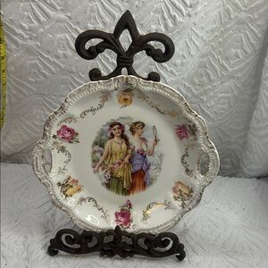 Vintage Bavarian Porcelain Handled Tray | Romantic Figures & Roses